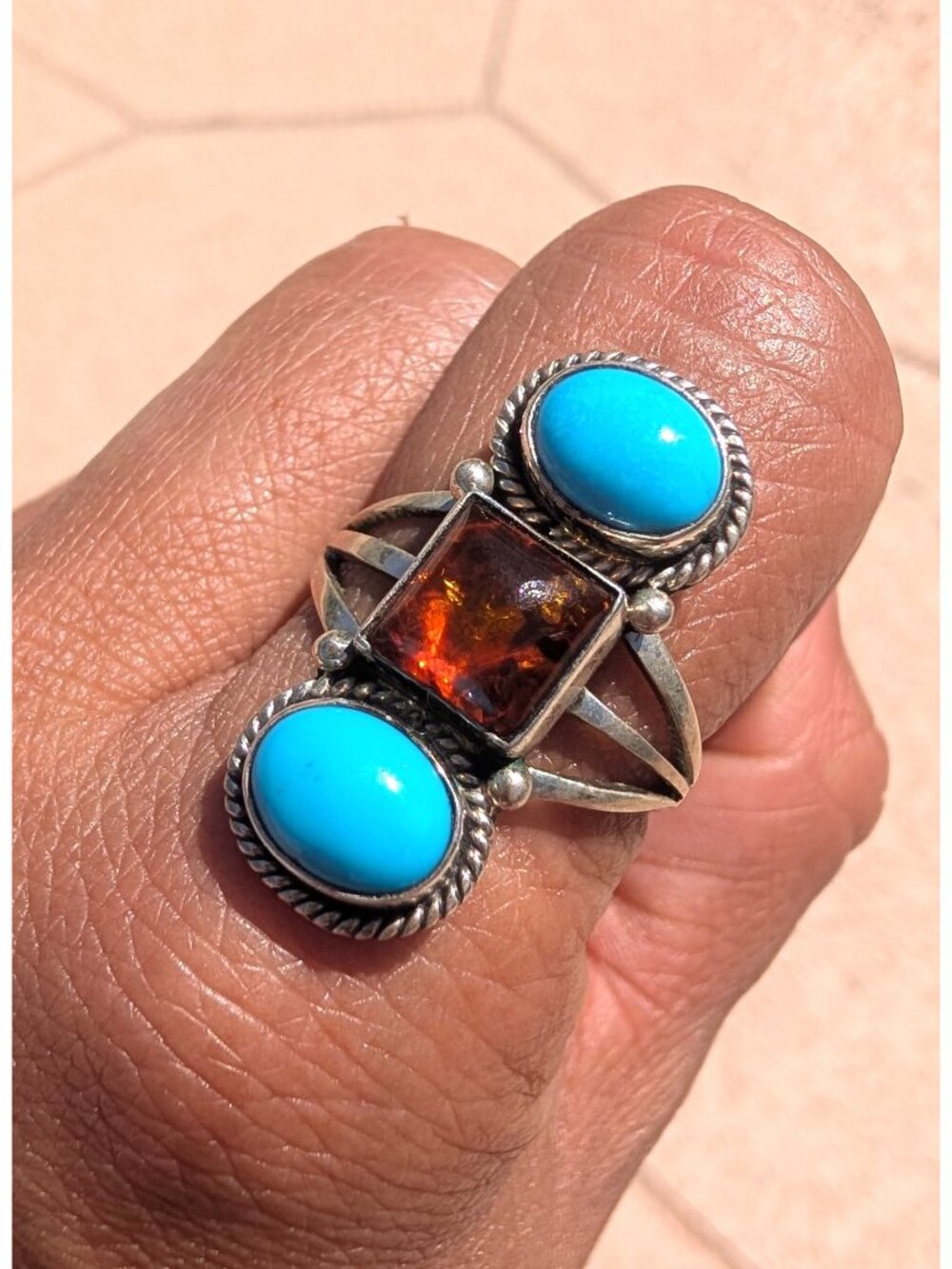 Native American Ring Turquoise & Amber Size 7.5 Sterling Silver 6g Signed RB